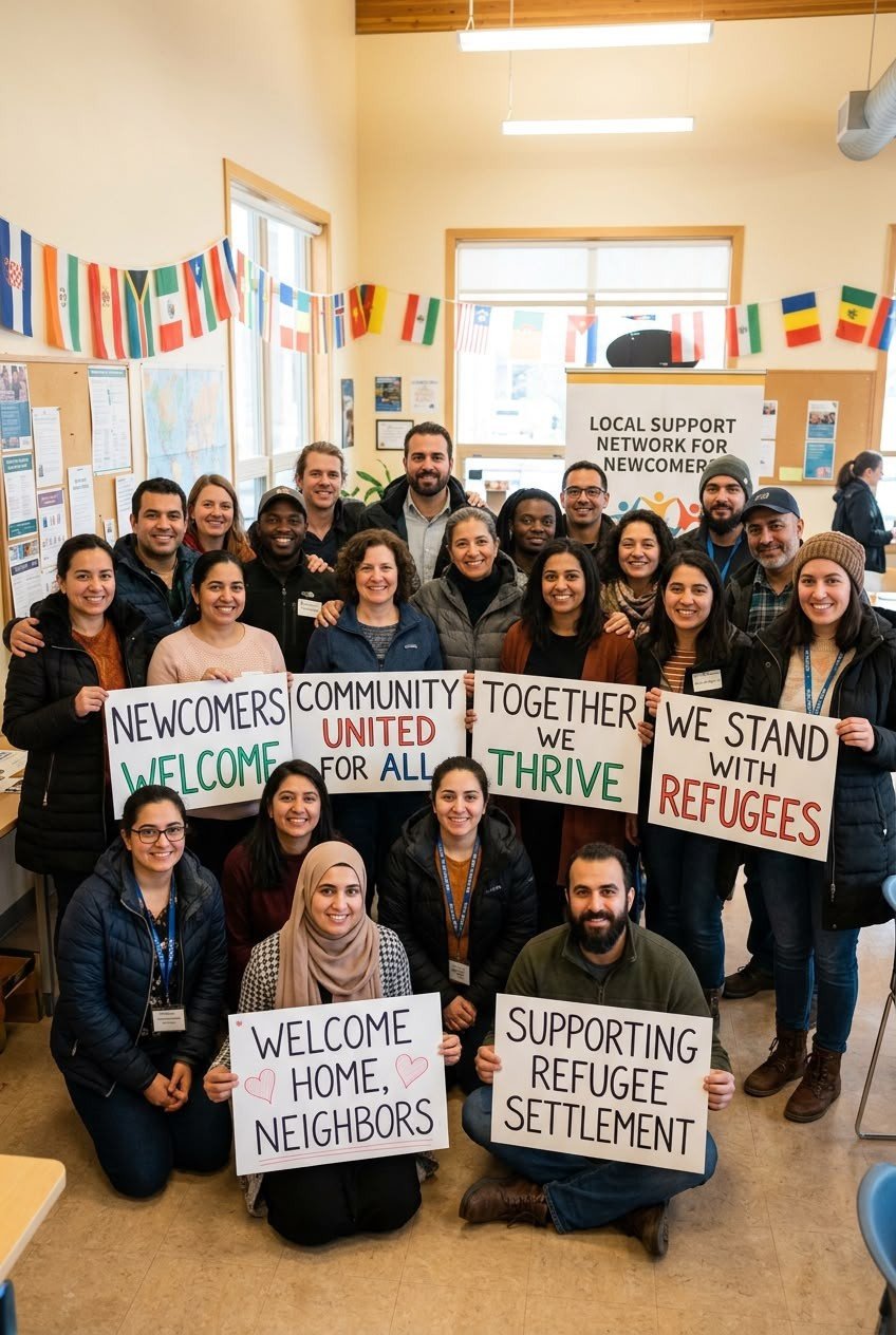 Community volunteers welcoming newcomers and refugees